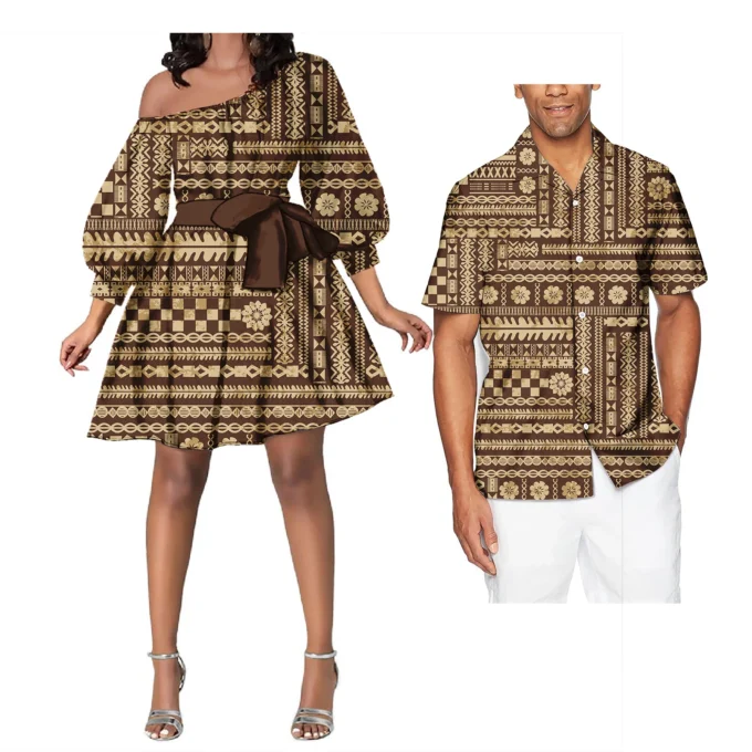 Couple Outfit Sets Ladies Evening Dresses Polynesian Pattern Design Classic Mens Hawaiian Shirts Match Women Plus Size Dress