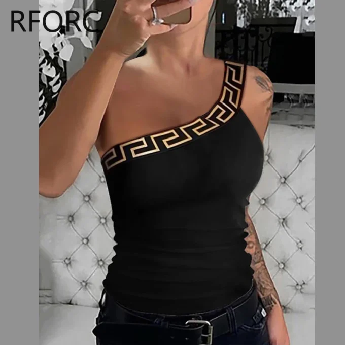 2024 Women One Shoulder Geometric Pattern Sleeveless Sexy Skinny Camis Crop Tops