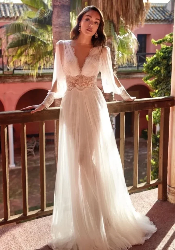 The new hot selling simple wedding dress 2024a line deep V-neck no back tulle long puffy sleeve Mary sexy bridal dresses