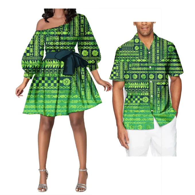 Couple Outfit Sets Ladies Evening Dresses Polynesian Pattern Design Classic Mens Hawaiian Shirts Match Women Plus Size Dress