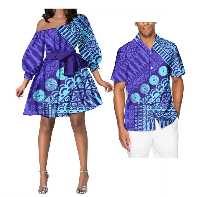 Couple Outfit Sets Ladies Evening Dresses Polynesian Pattern Design Classic Mens Hawaiian Shirts Match Women Plus Size Dress