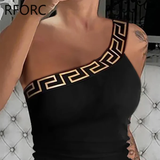 2024 Women One Shoulder Geometric Pattern Sleeveless Sexy Skinny Camis Crop Tops