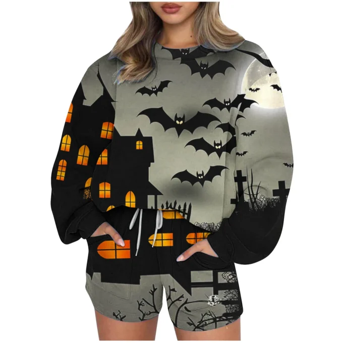 Fashion Long Sleeve Sweatshirt Shorts Halloween Print Sets Woman Autumn And Winter O-neck Sports Pullover 2 Piece Set For Women