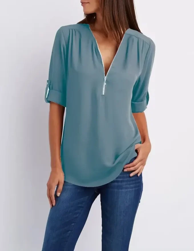 Summer Women Cool Loose Shirt Deep V Neck Chiffon Blouse Casual Ladies Tops Sexy Zipper Pullover Plus Size Long Sleeve Fashion