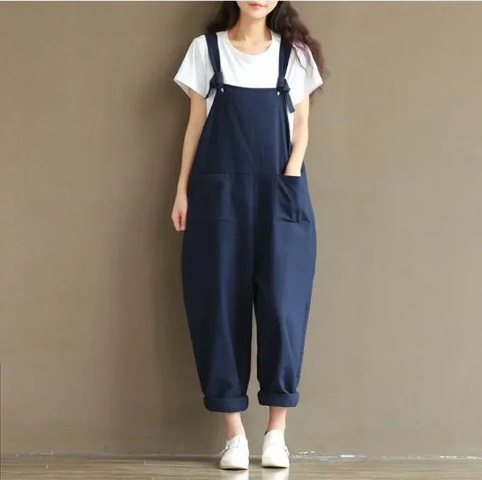 Women's Solid Color Simple Suspender Jumpsuit Sanded Cotton Pocket Loose Suspender Casual Pants Daily Commuter Wear S-3XL