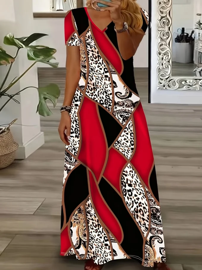 Summer New Designer Patchwork Leopard Print Women's Dresses Plus Size Elegant Dresses Long Dresses Female Fashion Women's Cloth