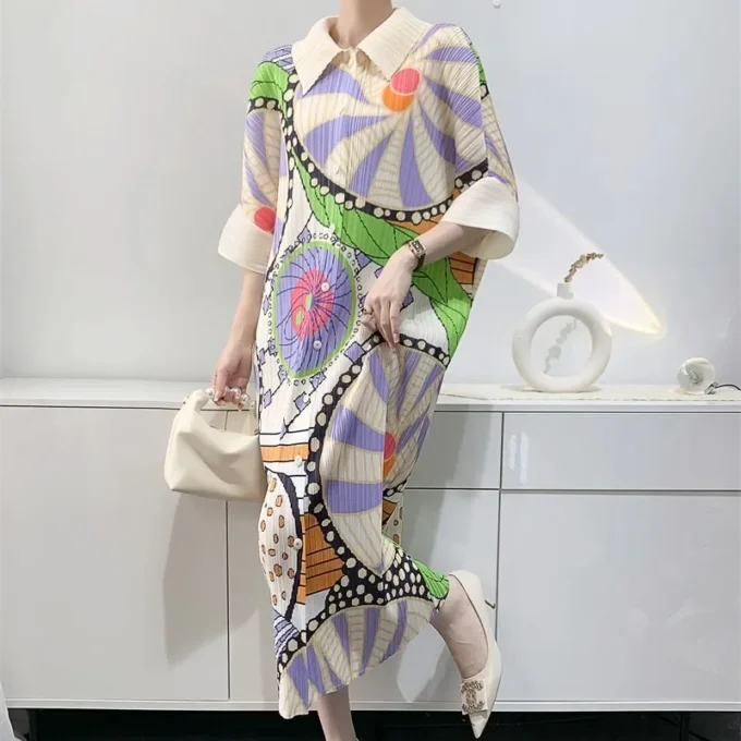 2024 Spring and Summer New Miyake Pleated Dress Women's Medium Printed Pleated Skirt Loose Large Size Elegant Chic Shirt Dresses