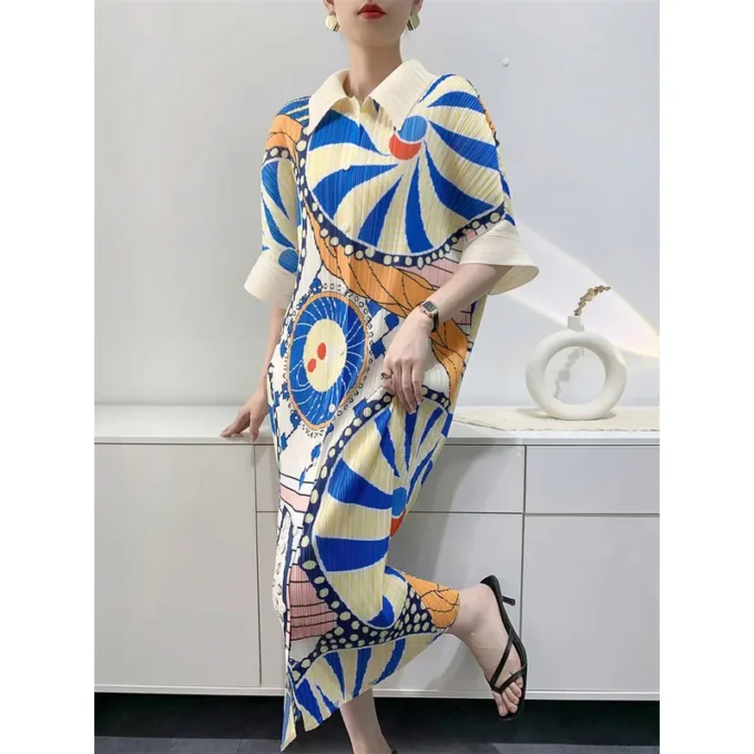 2024 Spring and Summer New Miyake Pleated Dress Women's Medium Printed Pleated Skirt Loose Large Size Elegant Chic Shirt Dresses