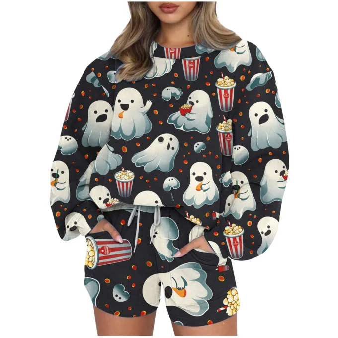 Fashion Long Sleeve Sweatshirt Shorts Halloween Print Sets Woman Autumn And Winter O-neck Sports Pullover 2 Piece Set For Women