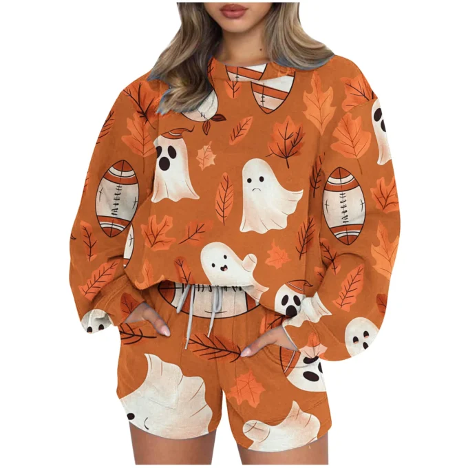 Fashion Long Sleeve Sweatshirt Shorts Halloween Print Sets Woman Autumn And Winter O-neck Sports Pullover 2 Piece Set For Women