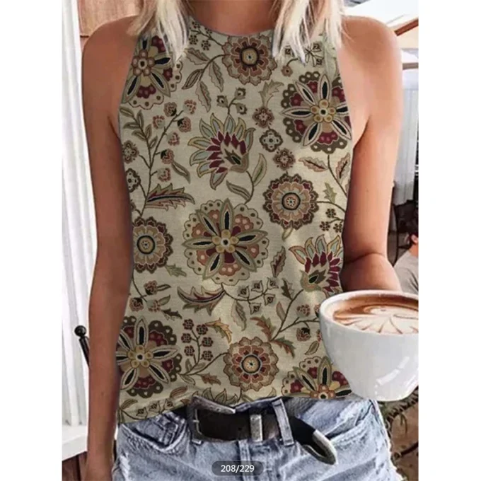 Summer Persis Floral 3D Print Tank Top Retro Streetwear Women Sleeveless Vest Y2k Oversized Off Shoulder Camisole Woman Clothing