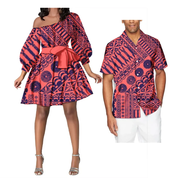 Couple Outfit Sets Ladies Evening Dresses Polynesian Pattern Design Classic Mens Hawaiian Shirts Match Women Plus Size Dress