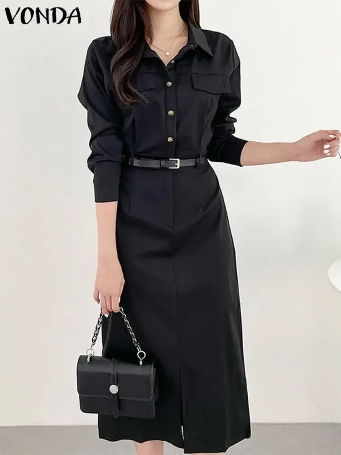 Office Dress VONDA Elegant Women Summer Long Sleeve Long Shirt Sundress Robe 2023 Fashion Dress Casual Solid Color Midi Vestidos