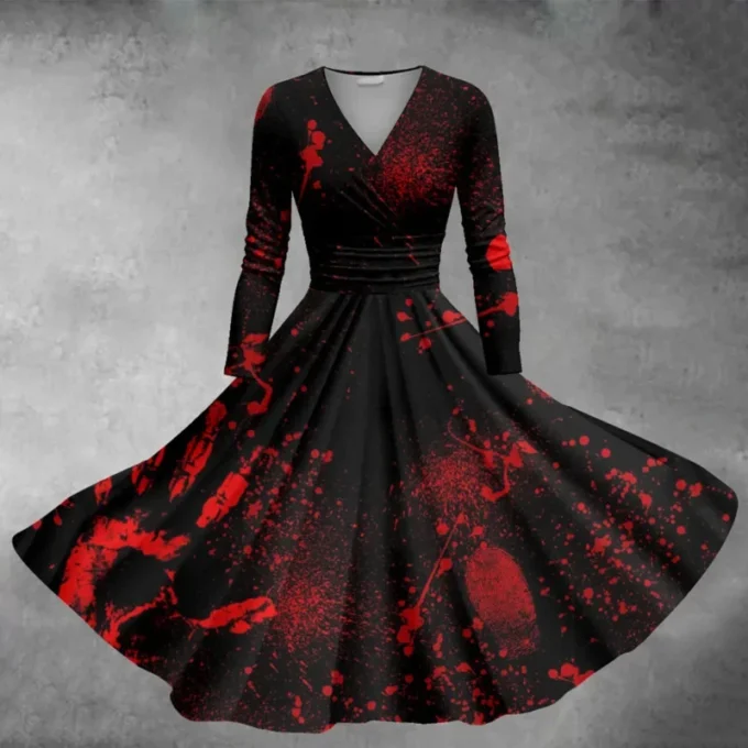 2024 Halloween V Collar Long Sleeved Dress Terror Blood Handprints And Bloodstains Leisure Slimming Outdoor Cosplay Clothing