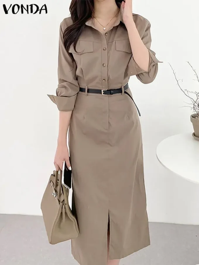 Office Dress VONDA Elegant Women Summer Long Sleeve Long Shirt Sundress Robe 2023 Fashion Dress Casual Solid Color Midi Vestidos