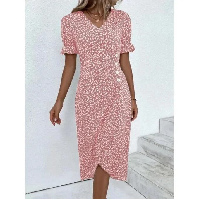 Spring Floral Bodycon Midi Dress For Women V Neck Long Sleeve Ruched Slim Fit Dresses Female Sexy Vestido Robe