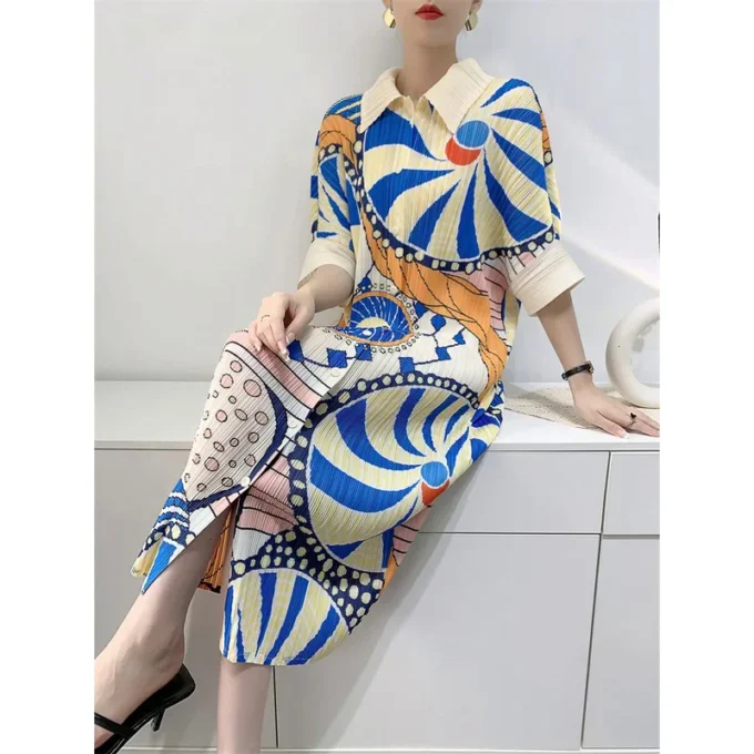 2024 Spring and Summer New Miyake Pleated Dress Women's Medium Printed Pleated Skirt Loose Large Size Elegant Chic Shirt Dresses