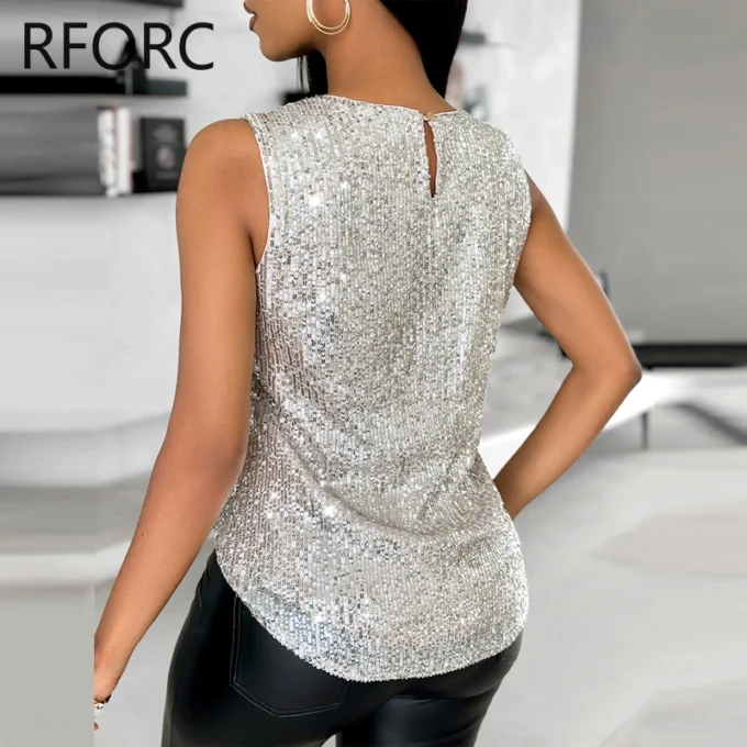 2024 Women Chic Sequins Decoration Tank Sleeveless Sexy Camis Crop Tops