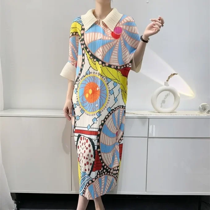 2024 Spring and Summer New Miyake Pleated Dress Women's Medium Printed Pleated Skirt Loose Large Size Elegant Chic Shirt Dresses