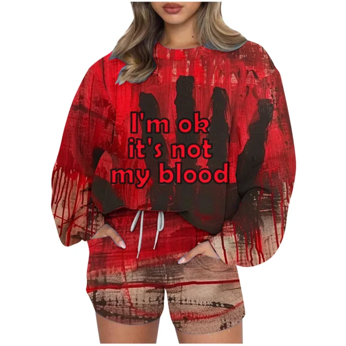 Fashion Long Sleeve Sweatshirt Shorts Halloween Print Sets Woman Autumn And Winter O-neck Sports Pullover 2 Piece Set For Women