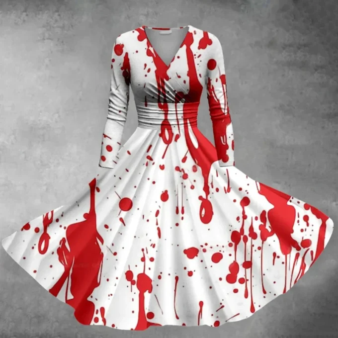 2024 Halloween V Collar Long Sleeved Dress Terror Blood Handprints And Bloodstains Leisure Slimming Outdoor Cosplay Clothing