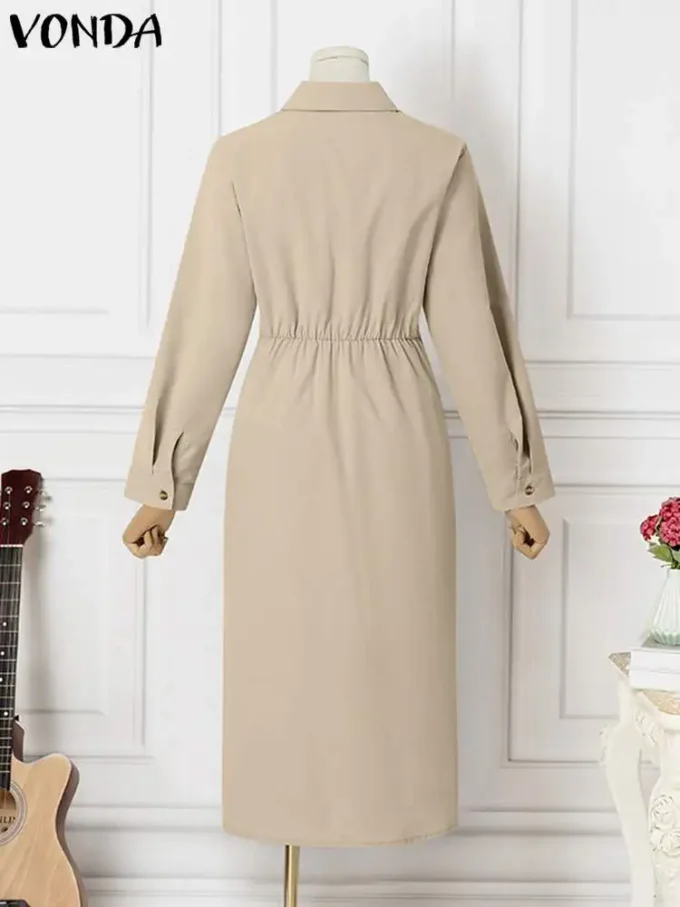 Office Dress VONDA Elegant Women Summer Long Sleeve Long Shirt Sundress Robe 2023 Fashion Dress Casual Solid Color Midi Vestidos