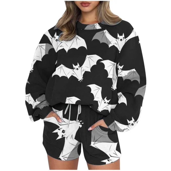 Fashion Long Sleeve Sweatshirt Shorts Halloween Print Sets Woman Autumn And Winter O-neck Sports Pullover 2 Piece Set For Women