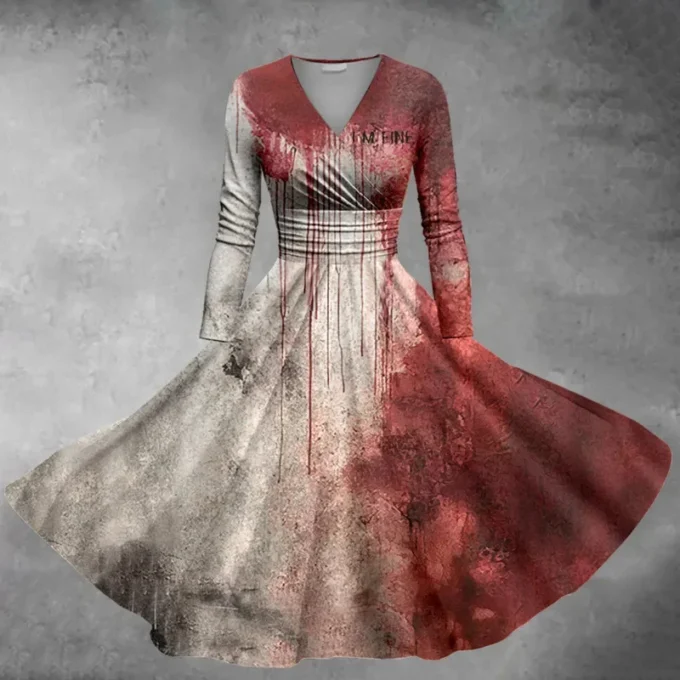 2024 Halloween V Collar Long Sleeved Dress Terror Blood Handprints And Bloodstains Leisure Slimming Outdoor Cosplay Clothing