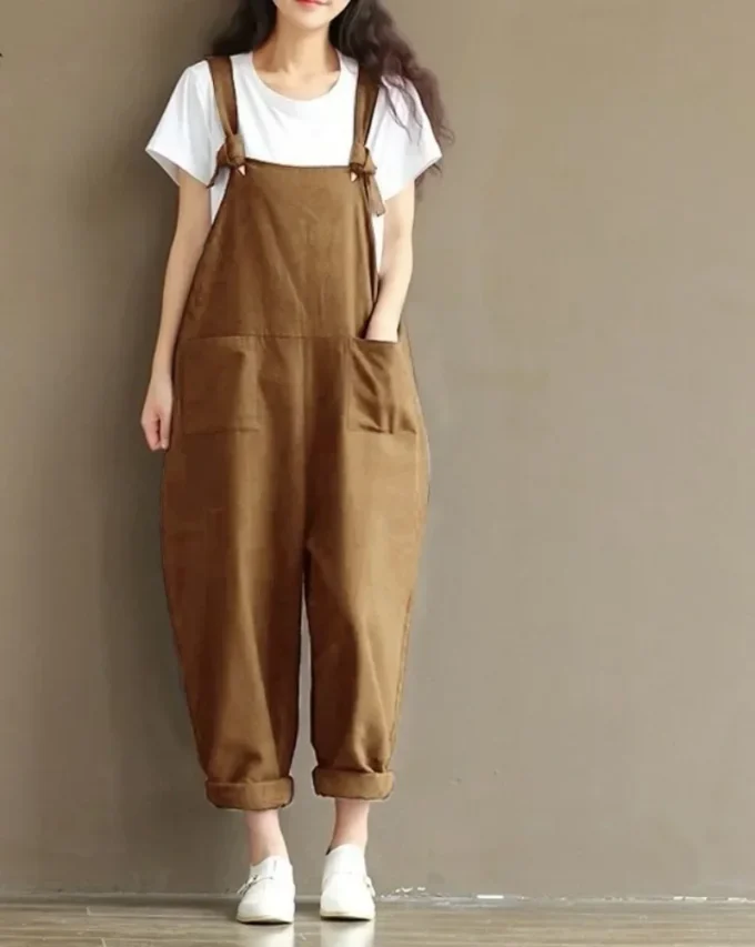 Women's Solid Color Simple Suspender Jumpsuit Sanded Cotton Pocket Loose Suspender Casual Pants Daily Commuter Wear S-3XL