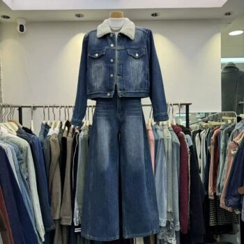 Women's denim jacket + wide-leg pants two-piece suit
