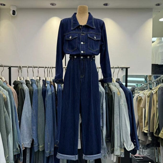 Single-breasted straight-leg denim jumpsuit