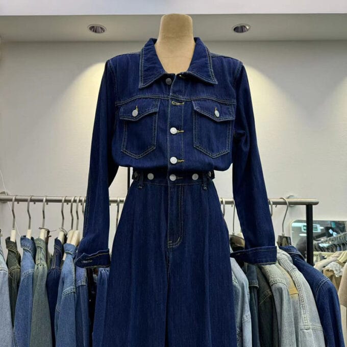 Single-breasted straight-leg denim jumpsuit