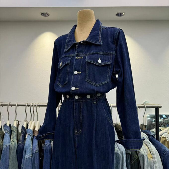 Single-breasted straight-leg denim jumpsuit