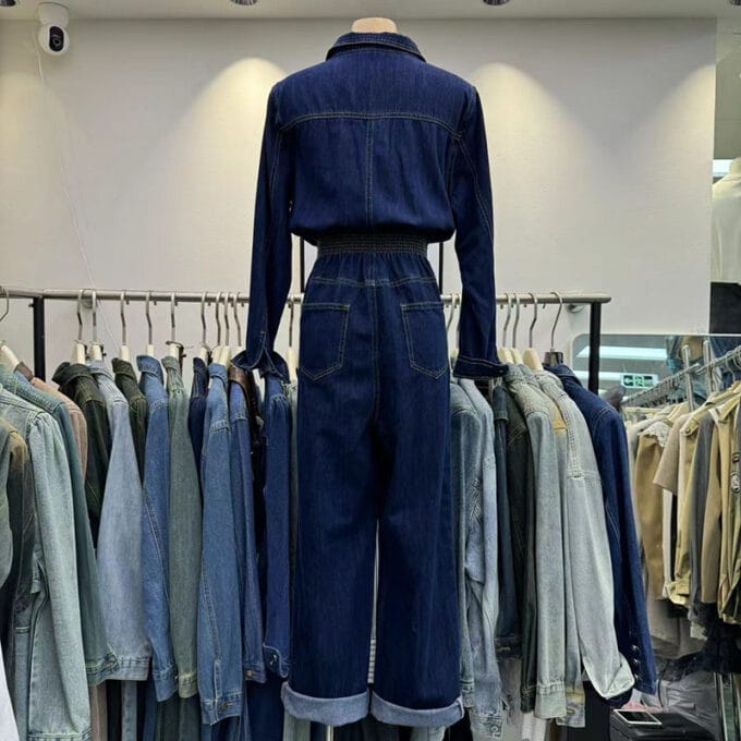 Single-breasted straight-leg denim jumpsuit