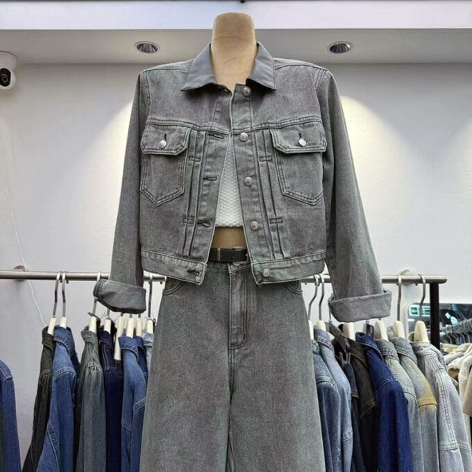 2024 autumn new retro single-breasted denim jacket high waist straight wide-leg pants suit