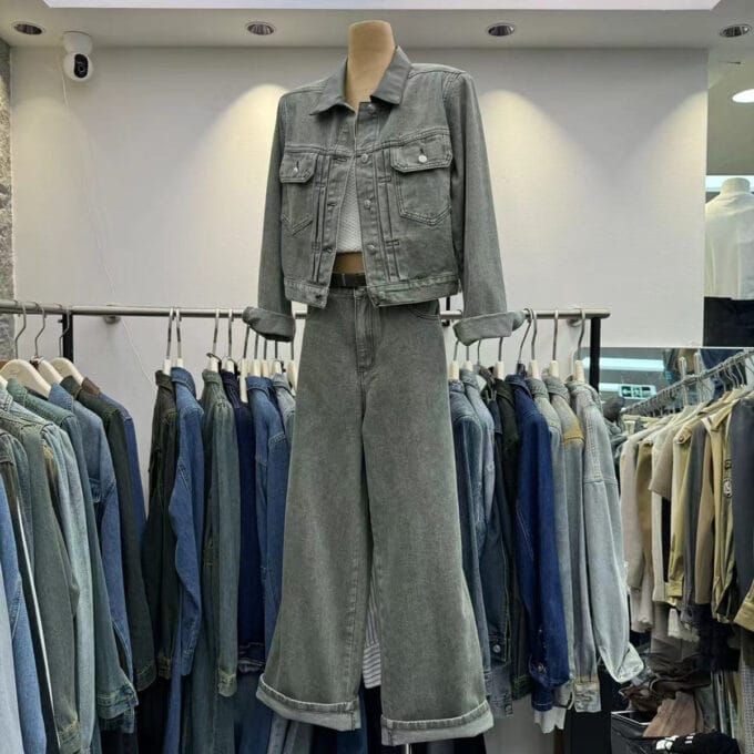 2024 autumn new retro single-breasted denim jacket high waist straight wide-leg pants suit