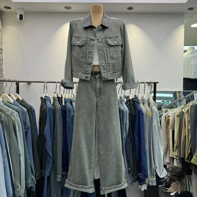 2024 autumn new retro single-breasted denim jacket high waist straight wide-leg pants suit