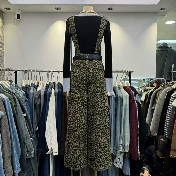 Women's leopard print suspenders wide leg pants