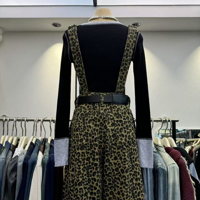 Women's leopard print suspenders wide leg pants